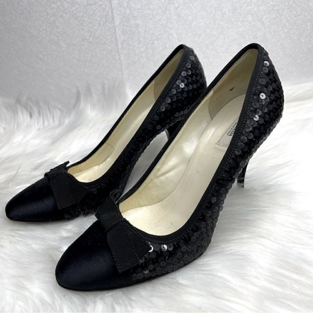 Prada Sequin Satin Bow Heels Black 36.5